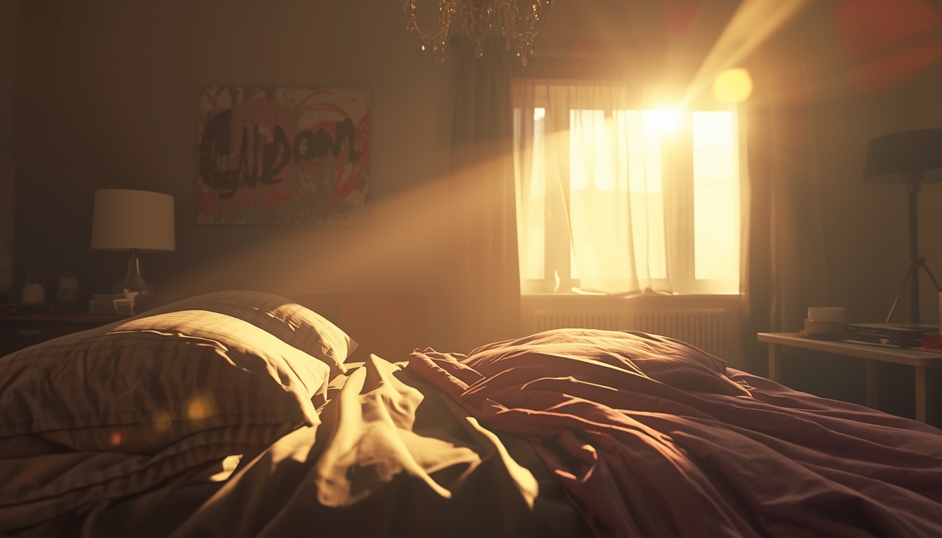 Sunlit bedding folded neatly at dawn